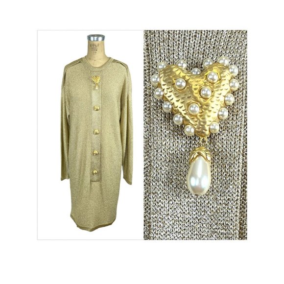 1980s gold metallic knit dress with pearl studded gold buttons Steve Fabrikant - Picture 1 of 7